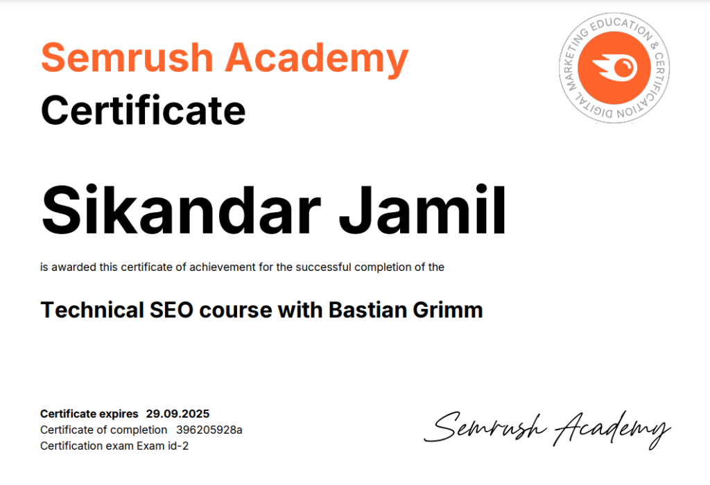 SEMRUSH Sikandar Jamil Certification